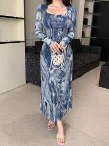 DAZY Vestido midi envolvente con efecto tie-dye para mujer, estilo sexy, vestido elegante de manga larga para primavera y otoño - Azul Marino - Ver 5