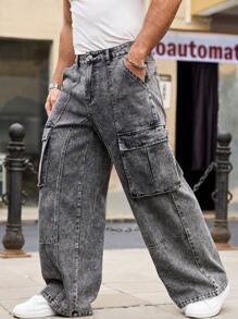 RivetRise Pantalones vaqueros tipo cargo para hombres de pierna ancha, casual y versátil, con ajuste holgado