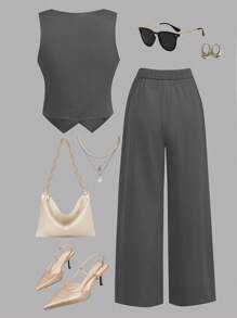 Girlism 两件套少女休闲日常通勤优雅灰色开衫西装外套搭配宽松阔腿裤套装，休闲日常两件套，女童套装，亲子装，校服，适合情人节、约会、聚会等场合。 - 灰色 - 查看 2