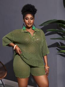 SHEIN CURVE+ Curve Plus 秋季毛衣套装，Greenfall 女装，冬季，CURVE PLUS - 軍綠色 - 查看 5