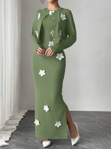 Elenzga 女士纯色优雅淑女夹克和连衣裙套装，带花卉装饰，适合春夏季 - 綠色 - 查看 4