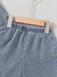 SHEIN Playful Pals 2pcs/Set Toddler Girls Stylish Cute Bow Camisole And Denim Shorts Set, Summer