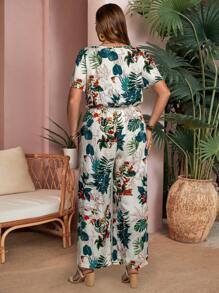 EMERY ROSE Plus Size Tropical Print Casual Jumpsuit - Multicolor - View 2