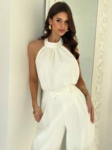 Firerie Women's Elegant Simple Precise Romantic Sweet Sexy Commute Office Wedding Guest Vacation Party Music Festival Halter Backless Sleeveless Blouse And High Waist Bow Wide Leg Straight Pants White Suit, Spring/Summer - White - View 7