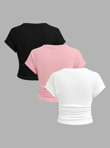 SHEIN Leap Crew Tween 女童度假休闲纹理三色 V 领简约时尚 T 恤 - 彩色 - 查看 2