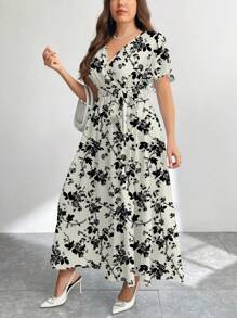 Firerie Black & White Rose Print Casual Vintage Floral Pattern Loose Plus Size Dress, Suitable For Autumn/Winter,Beach Dress Sundress,Holiday Outfits Boho - Black and White - View 5