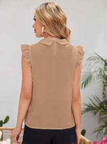 SHEIN Essnce Áo cánh ren cổ bèo nhún thanh lịch màu trơn của resort - Màu Khaki - Xem 2