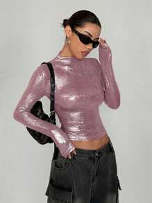 StreetHx Blusa de mujer de cuello alto, mangas largas y ajuste slim con acabado brillante