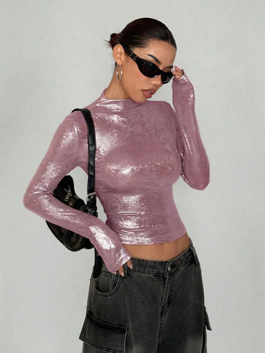 StreetHx Blusa de mujer de cuello alto, mangas largas y ajuste slim con acabado brillante