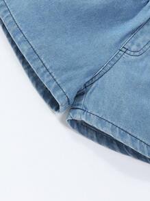 2pcs/Set Girls Casual Simple Versatile Loose Comfortable Denim Shorts, Light Blue & Medium Blue Washed With Ruffle Waistband, Summer 2025 New Arrivals, Suitable For Everyday Wear & Leisure Activities, School, Campus, College - Multicolor - View 4