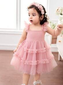 Vestido de verano rosado con volantes de malla para bebé niña, conjunto a juego madre e hija (se venden por separado 2 piezas) - Rosa - Ver 5