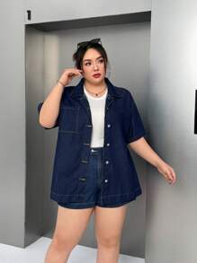 SHEIN ICON Plus Size Casual Loose Short Sleeve Denim Jacket - Blue - View 1
