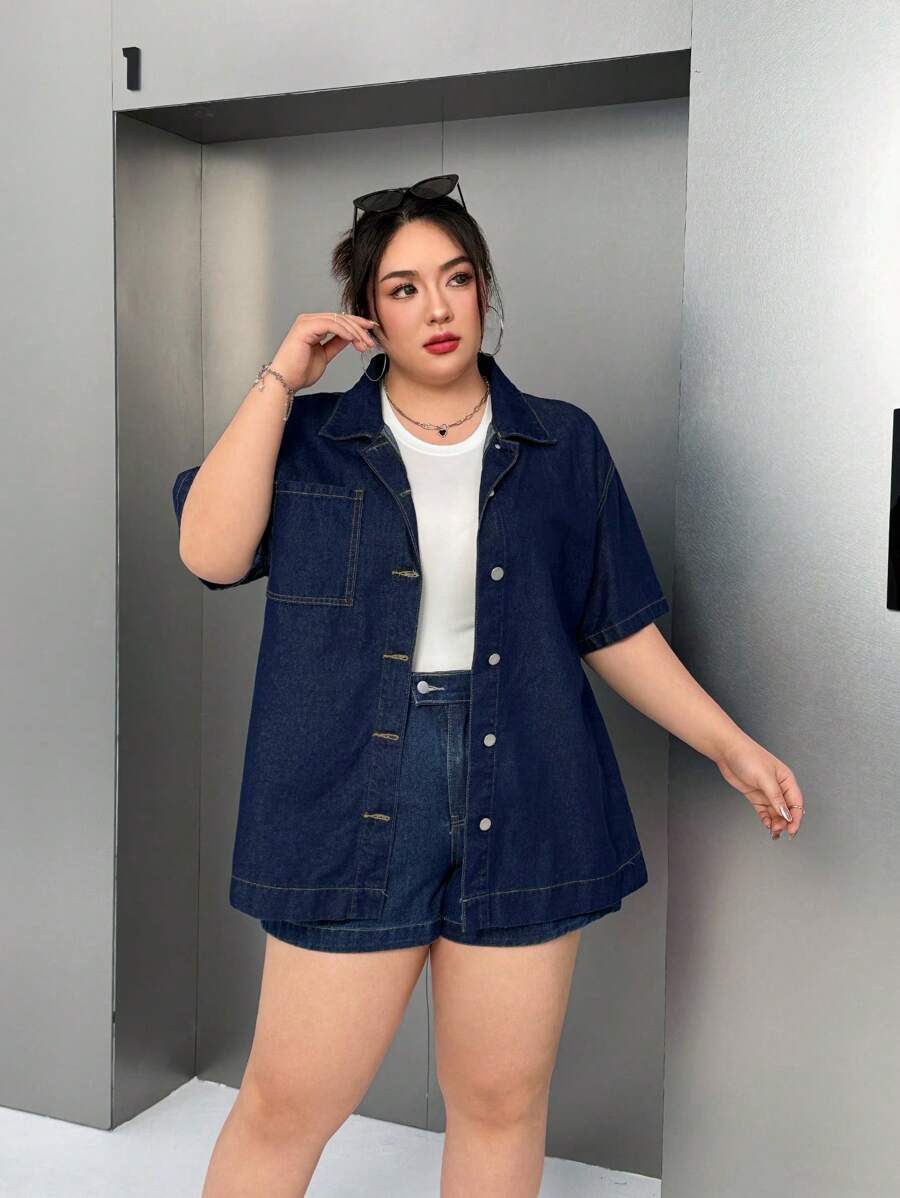 SHEIN ICON Plus Size Casual Loose Short Sleeve Denim Jacket - Blue - View 1