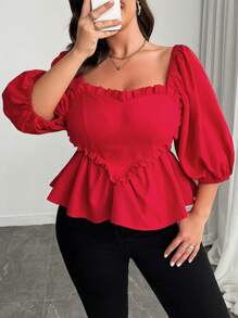 SHEIN Clasi Plus Size Women's Solid Color Square Neck Frill Puff Sleeve Heart Print Casual Spring/Summer Short Sleeve Shirt - Red - View 1