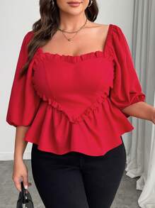SHEIN Clasi Plus Size Women's Solid Color Square Neck Frill Puff Sleeve Heart Print Casual Spring/Summer Short Sleeve Shirt - Red - View 4