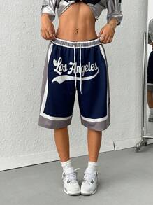 Women's Summer Letter Graphic Drawstring Waist Loose Shorts - Multicolor - View 4