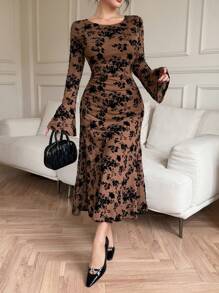 DAZY Valentine's Day Sexy Allover Print Flocked Ditsy Floral Mesh Women's Mid-Length Dress Elegant,Fall Dress Long Sleeve Dress - Coffee - View 6