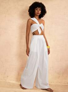 Neuer Frühlings- und Sommer-Lässig- und eleganter Urlaubs-Einschulter-Knoten-Design-Crop-Top mit breitem Bein Superweite Hose Weiß Gewebt Damen Zweiteiler-A