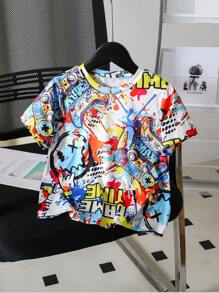 Cartoon Letter Print Round Neck Short Sleeve T-Shirt - White - View 4