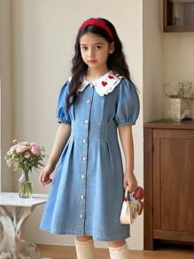 Tween Girl Casual Bleached Denim Dress With Heart Embroidery, Slim Fit Versatile Design For Everyday Wear, Chic And Fashionable - Light Wash - View 4