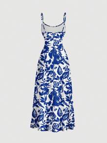 SHEIN MOD Casual Vintage Blue Ceramic Printed All-Over Pattern Elastic Waist Flowy Maxi Slip Dress Summer Dresses For Women Easter Dress Women Boho Suitable For Going Out Chic Dress - Multicolor - View 2