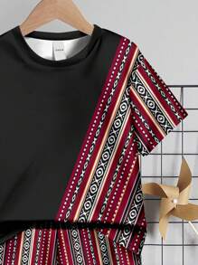 SHEIN Set de 2 piezas de camiseta de manga corta y pantalón corto con diseño retro clásico minimalista a cuadros y bloques de color para bebé niño, para el verano
