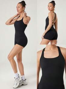 GLOWMODE 4.3" FeatherFit™-Air Sweat-Wicking Quick-Dry Tummy Control Corset Round-Neck Crossover Back Bodysuit Jumpsuit Romper With Side Pockets Low Impact Yoga Pilates Studio Daily Casual Wear Removable Cups