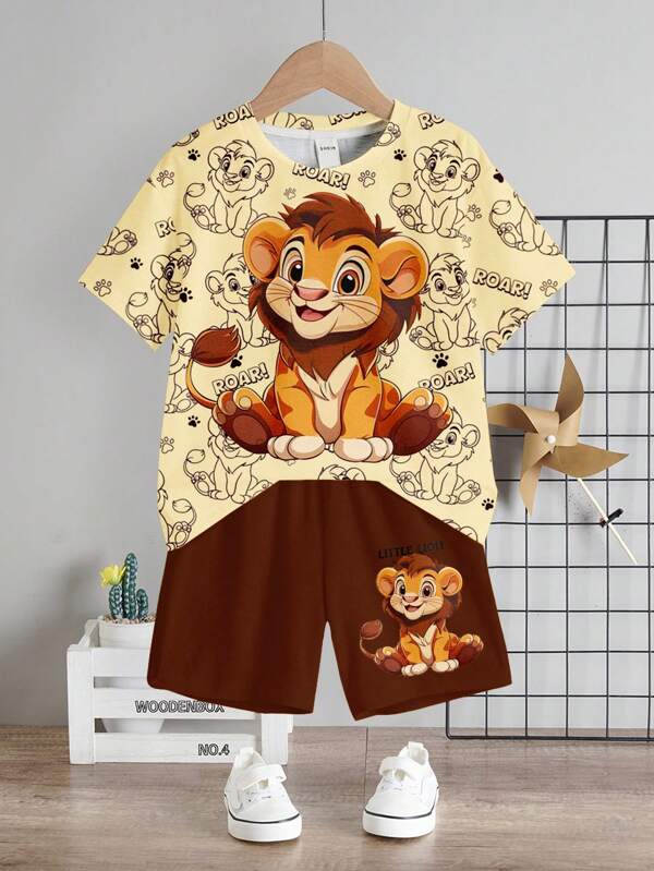 2 bucăți/set băiat tânăr casual, simplu, cu gât rotund, tricou și pantaloni scurți, potriviti pentru vară