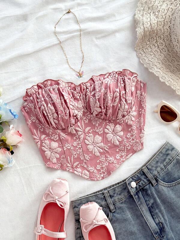 Soleia Women's Resort Textured Jacquard Strapless Crop Top With Ruffle Hem, Fitted Silhouette For Party, Date,Valentine's Day, Afternoon Tea