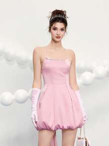 Poshira Vestido de novia elegante de estilo burbuja, vestido para invitada de boda con bajo estilo burbuja en color rosa, moda minimalista, adecuado para festival de música de verano, primavera/verano, vestido de fiesta, vestido de graduación