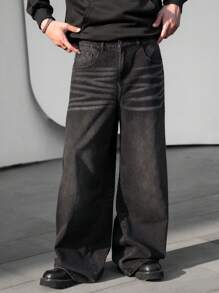 Claim Dot Men's Plus Size Black Denim Wide Leg Jeans With Zipper Detail And Long Length - Black - View 3