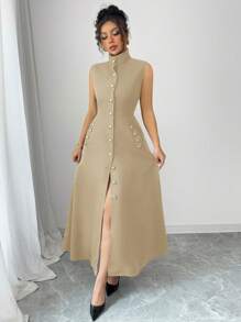 Elenzga Women Long Dress, Minimalist Style, Suitable For Summer - Khaki - View 1