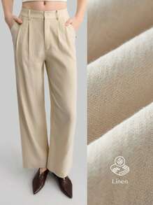 Ontre Linen Pants Woemen Pleated Slanted Pocket Casual Straight Leg Suit Pants In Beige Office Outfits For Women - Apricot - View 1