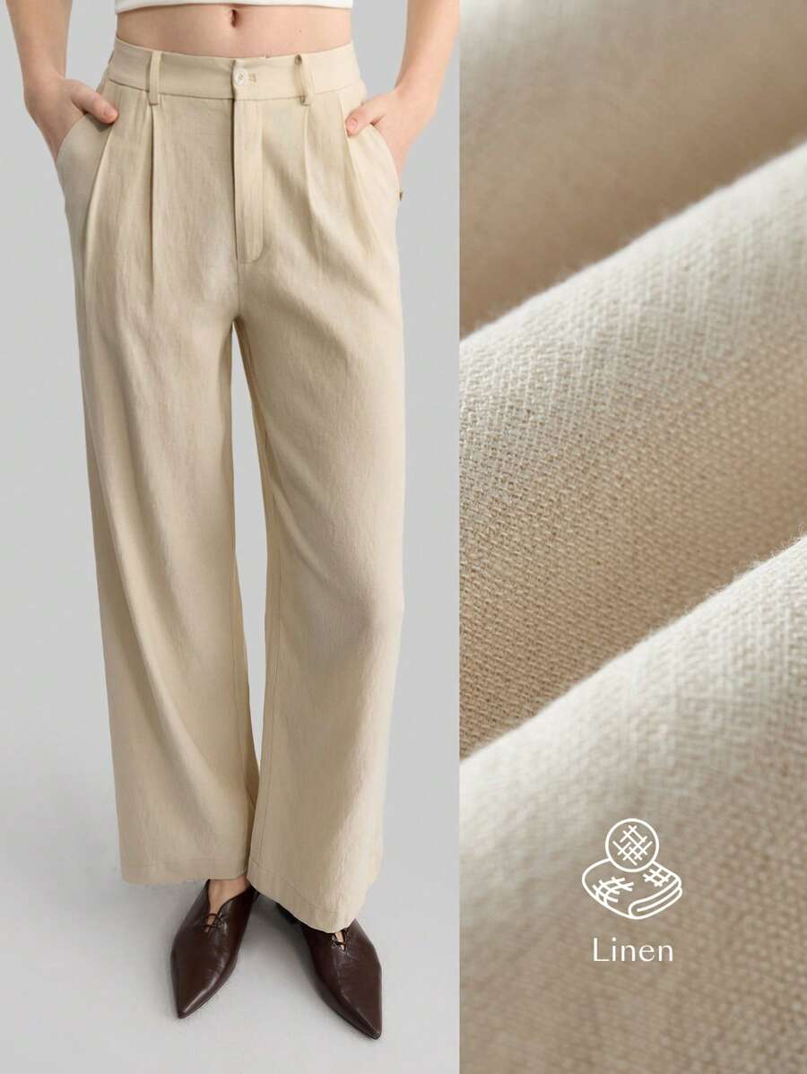 Ontre Linen Pants Woemen Pleated Slanted Pocket Casual Straight Leg Suit Pants In Beige Office Outfits For Women - Apricot - View 1