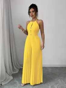 SHEIN Privé Elegante abrikooskleurige halter met strik aan de voorkant, uitgeholde metalen strass-strik, geplooide wijde damesjumpbroek