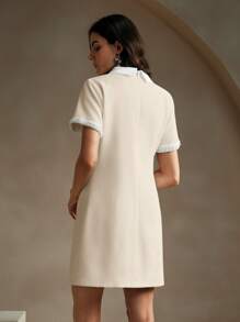 Anewsta Elegant Women's Pearl Embellished Collar Short Sleeve Dress - Apricot - View 2