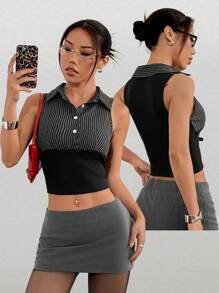 SHEIN EZwear 女式撞色条纹修身无袖纽扣背心 - 黑色 - 查看 1