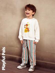 SHEIN Set de 2 piezas de camiseta casual con estampado de luna y rayas y pantalones vaqueros para niños, estilo lindo/retro, adecuado para primavera/verano