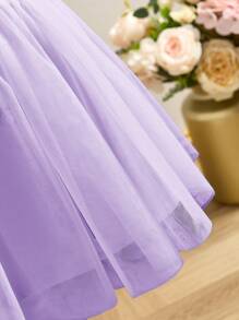 SHEIN Babygirl Summer Cute Satin Purple Short Sleeve Dress & Mesh Skirt Set - Mauve Purple - View 6