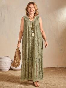 EMERY ROSE Women's Elegant V-Neck Sleeveless Lace Dress - Green - View 1