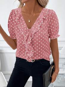 SHEIN Clasi Women's Polka Dot Contrast Trim Ruffle Collar Elegant Blouse With Puff Sleeves