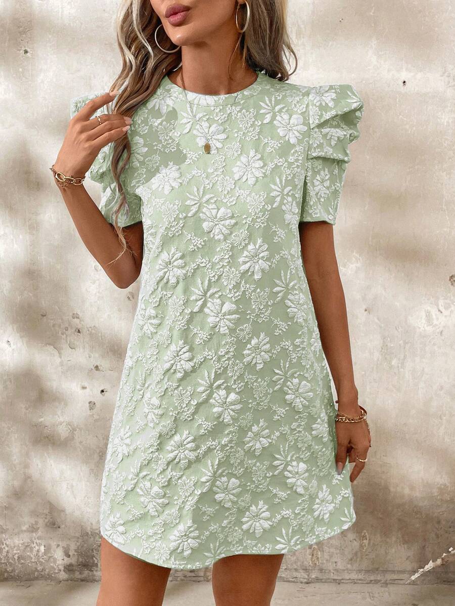 SHEIN Clasi 泡泡袖纹理提花图案女式连衣裙 - 薄荷綠 - 查看 1