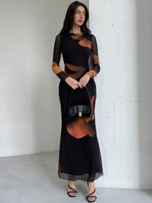 Aloruh Elegant Neck Long Sleeve Autumn/Winter Tie Dye Mesh Print Party Cocktail Dress