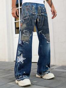 ROMWE MEN Street Life Men's Grunge Loose Fit Pentagon Wide Leg Casual Versatile Jeans - Blue - View 3