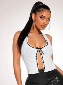 SHEIN SXY Simple Minimalist Sexy Halter Contrast Color Ribbon Bow Backless Sexy Knitted Tank Top - White - View 7