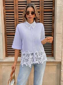 Chiquease 条纹花卉拼布休闲衬衫，简约时尚设计，适合日常穿着 - 藍色 - 查看 5