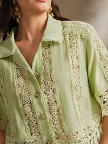 Anewsta Conjunto elegante y romántico de 2 piezas para mujer - Blusa con flecos y aplicación floral verde y falda larga, para primavera/verano