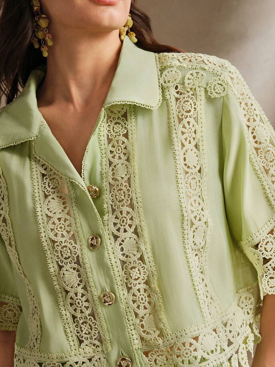 Anewsta Women's Elegant Romantic Vacation Green Tassel Floral Trim Short Sleeve Blouse And Maxi Skirt 2-Piece Set, Spring/Summer