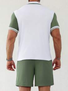 Manfinity Homme Men Striped Short Sleeve Casual Commuting Polo Shirt And Shorts Set - White - View 2