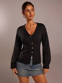 Forever 21 Fall&Winter V-Neck/Color/Fitted/Funny /New Years Eve/Party Women/Long Sleeve/New Years/Women Cardigan Sweater/Christmas Sweater/Women/ Y2k/Street Wear Women/Knitted Women Sweater - Black - View 4